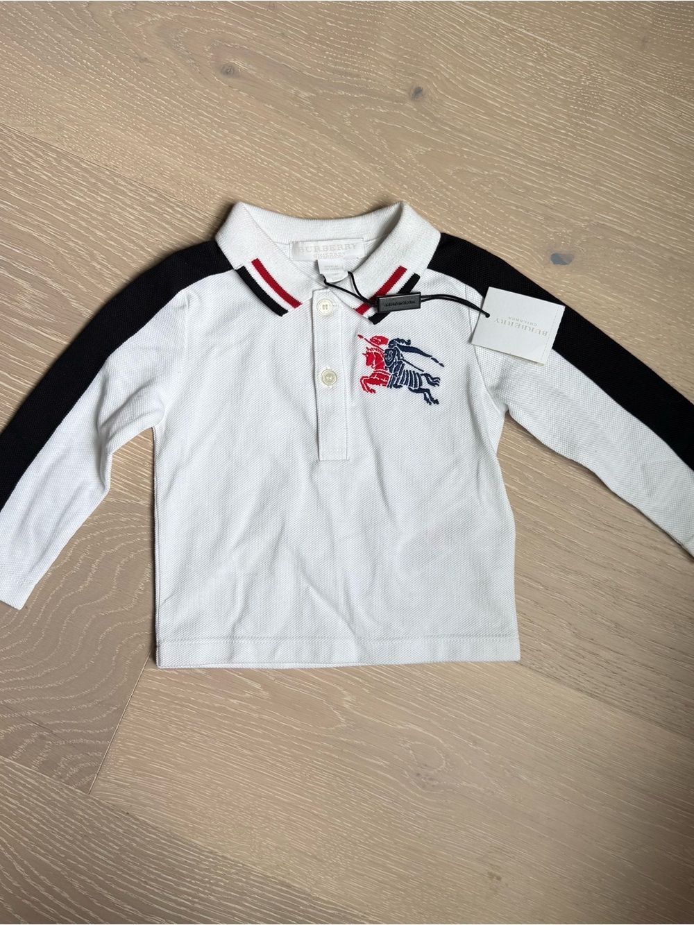 Burberry White Long-Sleeve Polo Top with Black Stripe Sleeves